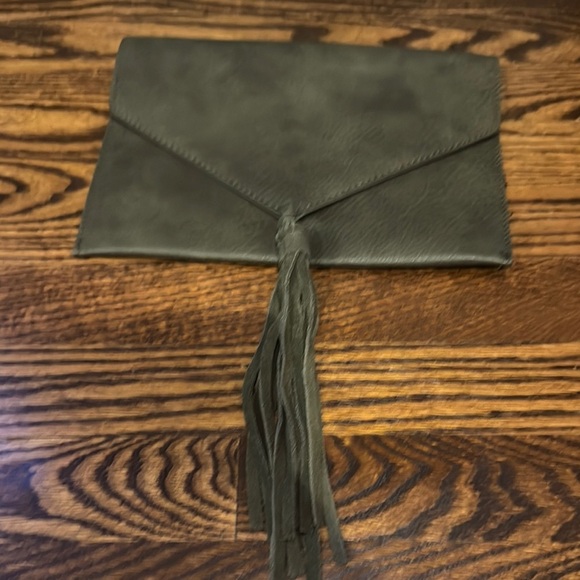 Anthropologie Street Level faux pebbled leather olive tasseled envelope clutch. - Picture 1 of 6
